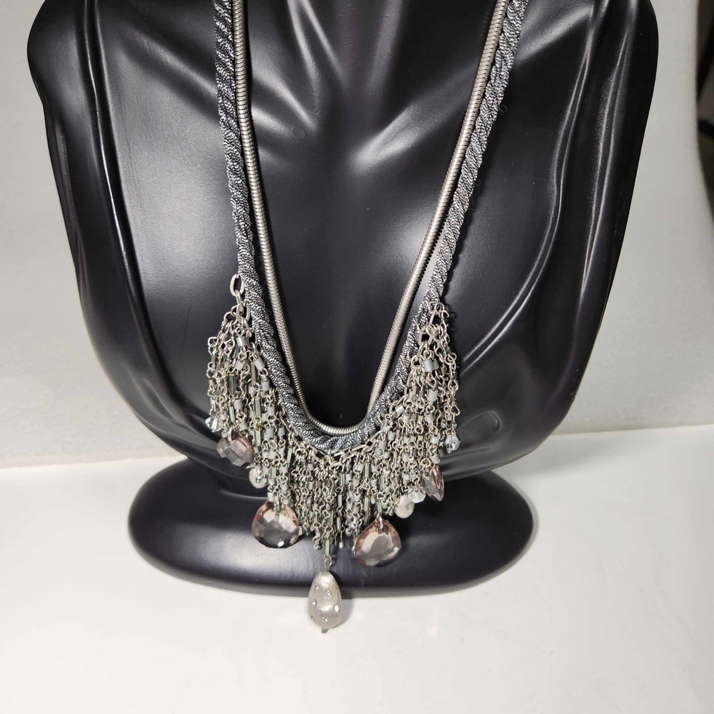 Chico’s Silver Rope Cable Chain Bib Necklace Faceted Glass Beads Rhinestones NOS